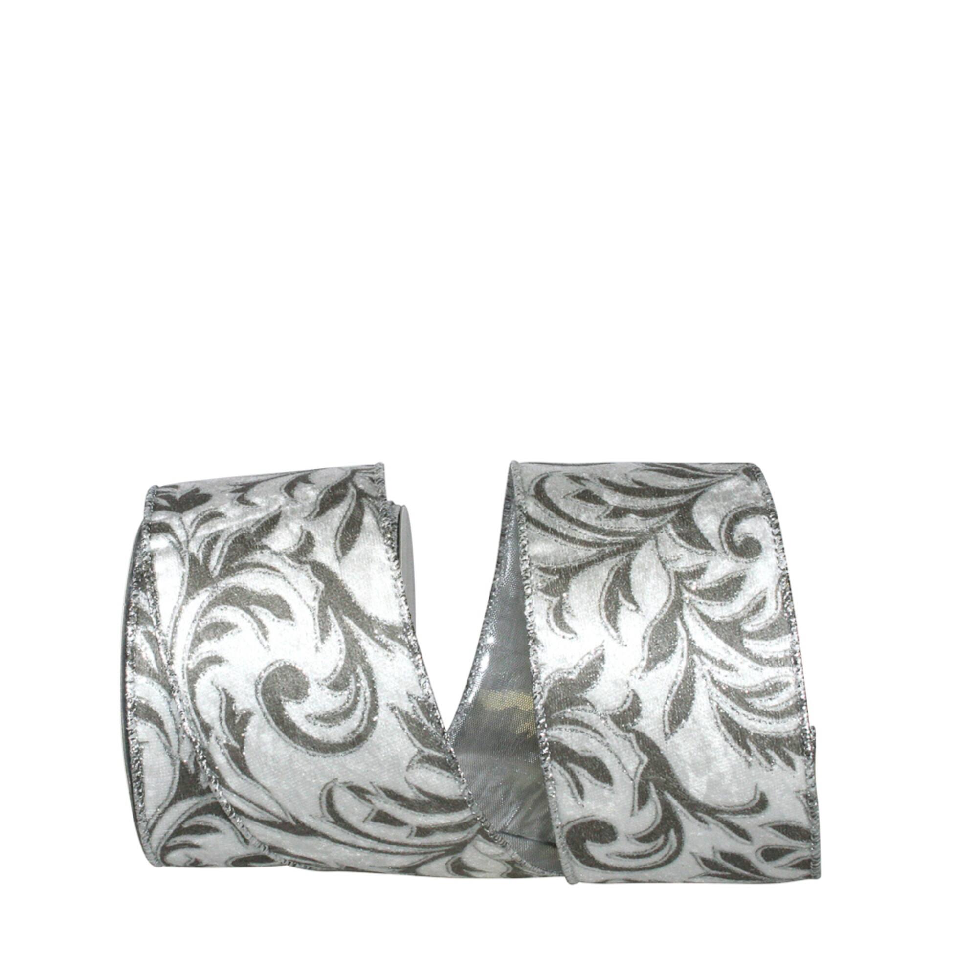 JAM Paper 2.5" x 10yd. Silver Filigree Leaves Wired Plush Velvet Ribbon